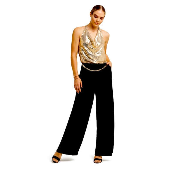 HALTER TOP WIDE LEG JUMPSUIT GOLD/BLACK XS - Picture 2 of 5